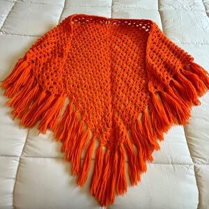 Vintage Orange Crochet Shawl Wrap Fringe Boho Grannycore One Size